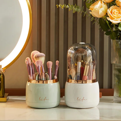 Makeup brush holder storage device with 360 degree rotation, dustproof makeup brush container, transparent acrylic cover, rotati